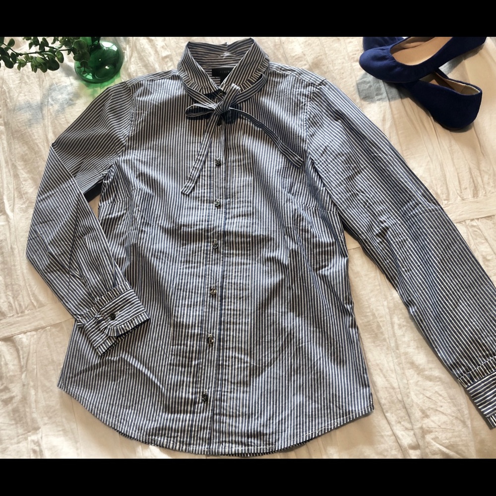 J. Crew Stripe Tie-Neck Ruffle Tuxedo Shirt - Sz 4